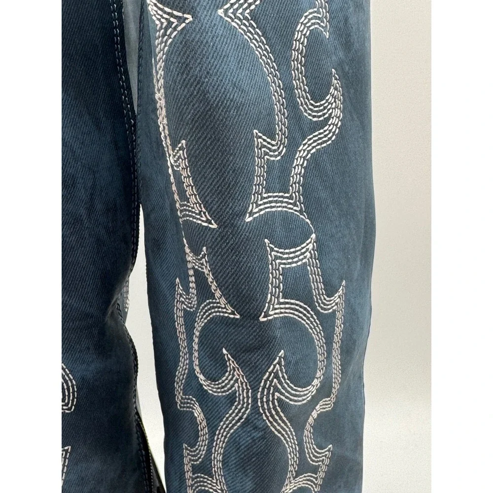 Blue Denim Embroidered Western Knee High Boots Harness Detail Tall Zip Up
